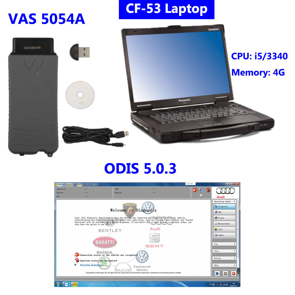 VAS 5054A with Bluetooth and OKI Chip Panasonic CF-53/Dell E6420 Laptop for Installed ODIS V5.1.5 for VAG Ready to Use