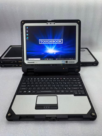 Panasonic CF-33, Intel Core i5-7300U, 16GB RAM, 512GB M.2 2280 (NGFF) SSD, dual-battery configuration, 2160×1440 resolution, includes LAN port and keyboard dock.