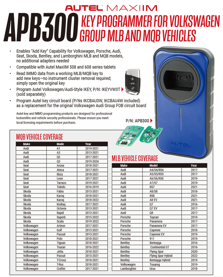 Autel APB300 Key Programmer for VAG MLB & MQB Vehicles