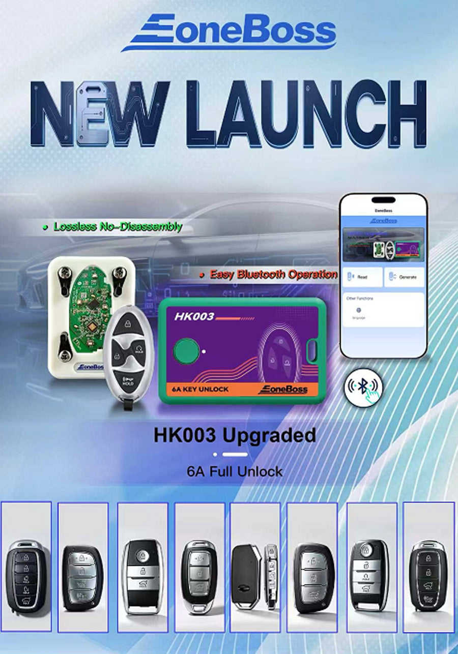 Promotional graphic for the OneBoss HK003 upgraded 6A full unlock key fob. The image features the OneBoss brand logo at the top, 'NEW LAUNCH' text, a smartphone displaying a companion app, the physical key fob and its internal circuit board, and a row of various key fob designs at the bottom.