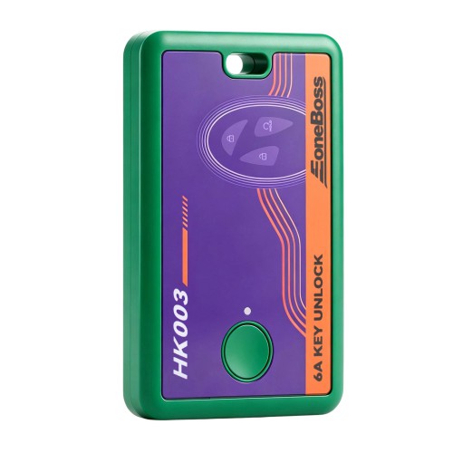 A OneBoss HK003 6A key unlock remote control device with a green bumper, purple faceplate, and orange vertical stripe on a white background.