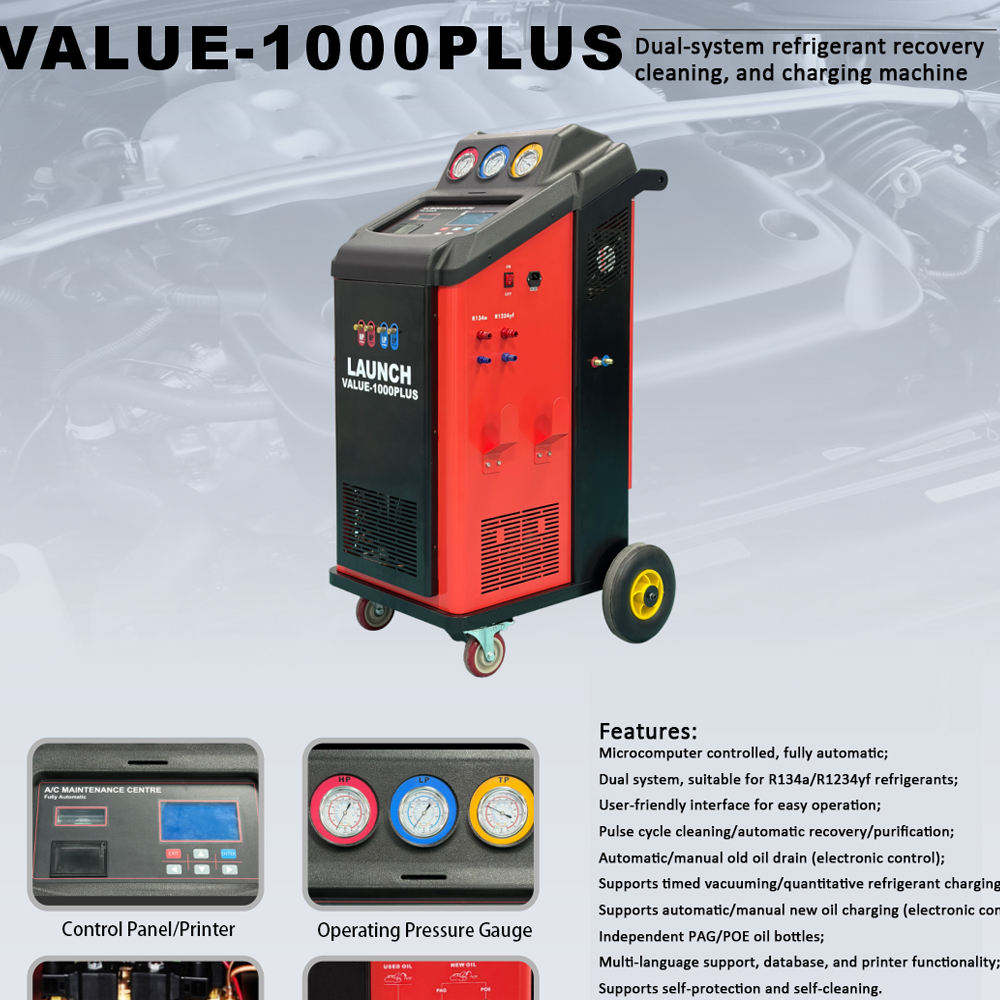 LAUNCH VALUE 1000 PLUS Fully Automatic Refrigerant Recovery Cleaning Filling Machine R134A R1234YF Silent Car Repair Tool