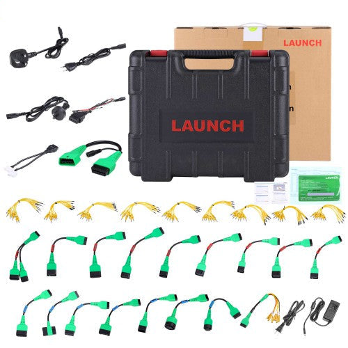 LAUNCH X431 EV Diagnostic Upgrade Kit with various adapters and cables, including a activation card, displayed alongside the product box.