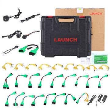 LAUNCH X431 EV Diagnostic Upgrade Kit with various adapters and cables, including a activation card, displayed alongside the product box.