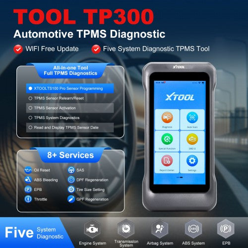 XTOOL TP300 All-in-One TPMS Service Diagnostic Tool with 4-System Diagnostics 8+ Service Functions
