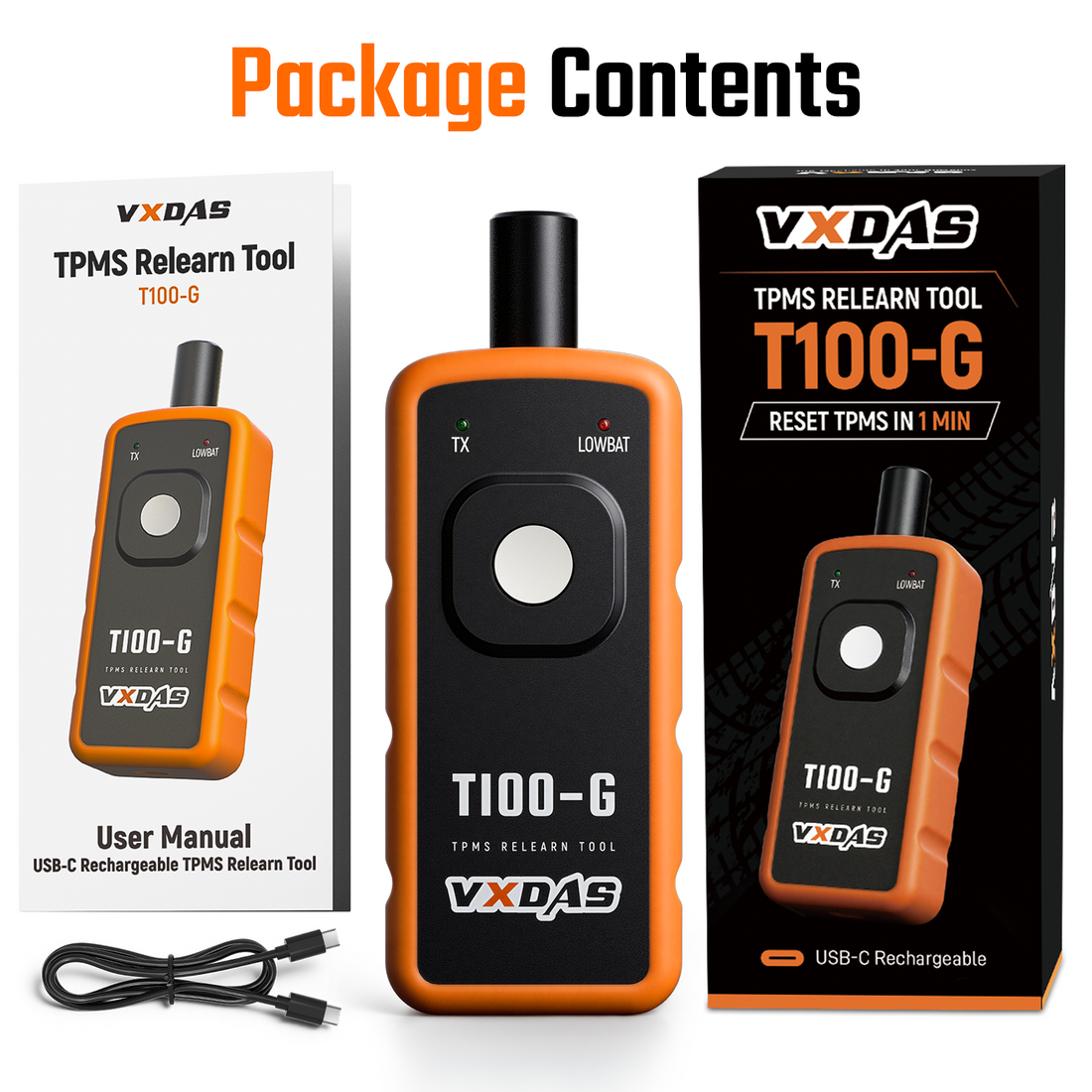 VXDAS T100-G TPMS Relearn Tool for GM Jeep Dodge Chrysler USB-C Rechargeable 315/433MHz Tire Pressure Sensor Reset Activation Tool