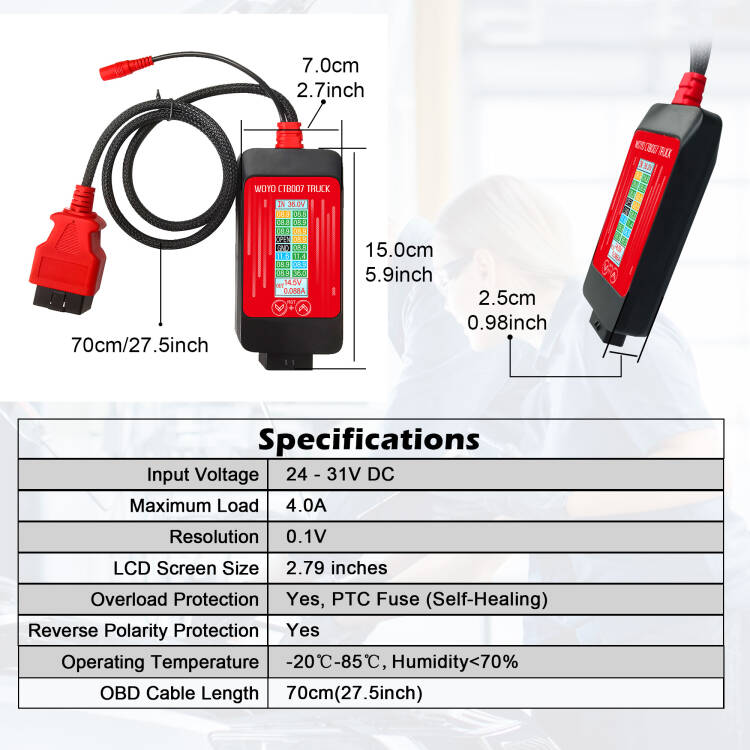WOYO CTB007 Truck 24V‑12V‑14.5V OBD2 Converter | True‑RMS 16‑Pin Voltage Tester for Heavy‑Duty Diagnostic Protection