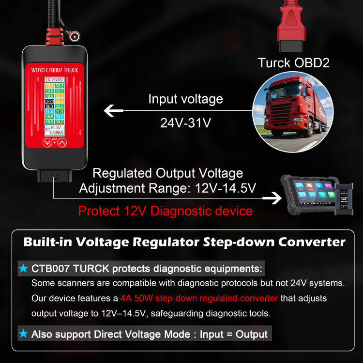 WOYO CTB007 Truck 24V‑12V‑14.5V OBD2 Converter | True‑RMS 16‑Pin Voltage Tester for Heavy‑Duty Diagnostic Protection