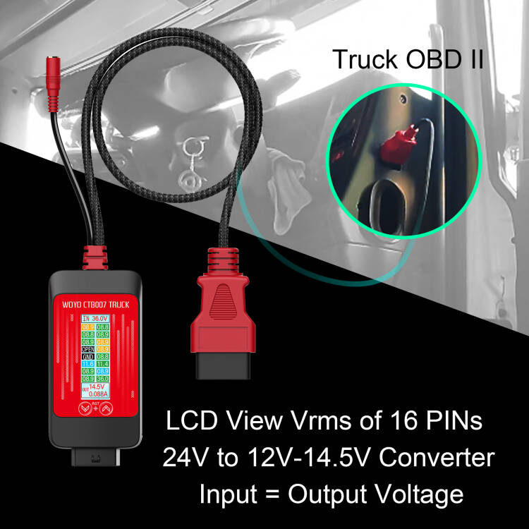 WOYO CTB007 Truck 24V‑12V‑14.5V OBD2 Converter | True‑RMS 16‑Pin Voltage Tester for Heavy‑Duty Diagnostic Protection