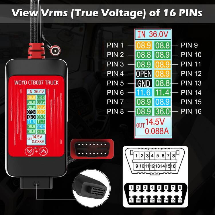 WOYO CTB007 Truck 24V‑12V‑14.5V OBD2 Converter | True‑RMS 16‑Pin Voltage Tester for Heavy‑Duty Diagnostic Protection