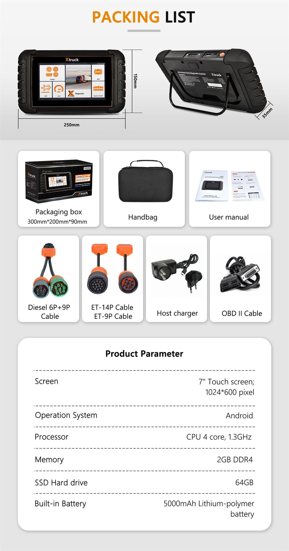 Xtruck HD19 Heavy Duty Diesel Truck Diagnostic Scanner - All-in-One Diagnostic Solution for Commercial Vehicles