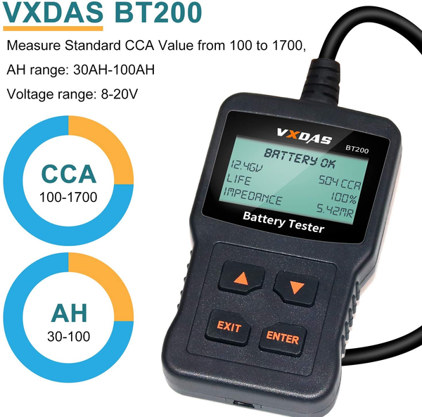 VXDAS BT200 Car Battery Tester 12V 100-1700CCA 30-100AH Automotive Bad Cell Test Tool No Need Battery Knowledge