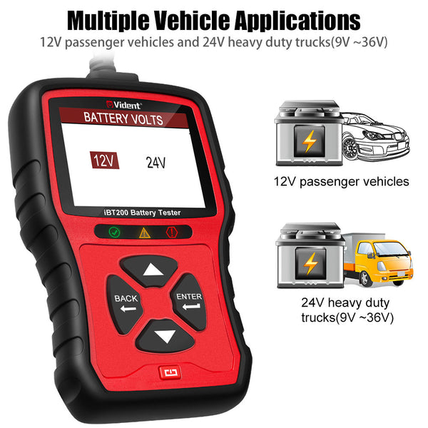 VIDENT iBT200 9V-36V Battery Tester for 12V Passenger Cars and 24V Heavy Duty Trucks 100 to 2000 CCA Car Battery Analyzer